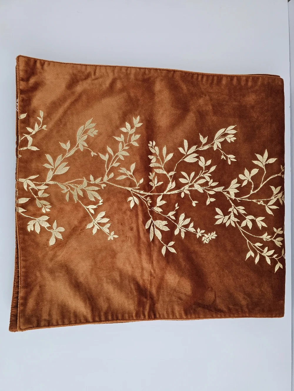 Vintage Rust Velvet Table Runner Gold Embroidered Botanical Vine Autumn Decor
